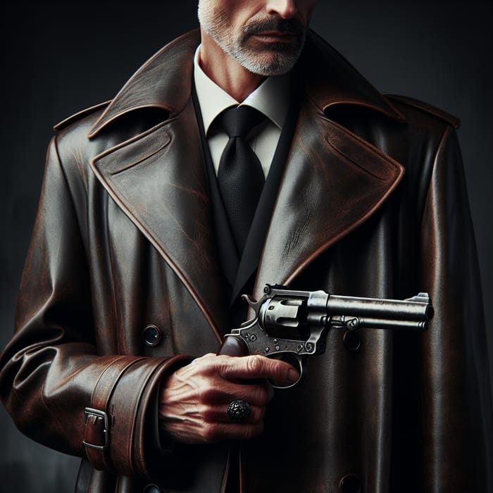 Mysterious Man in Long Leather Coat with Antique Revolver
