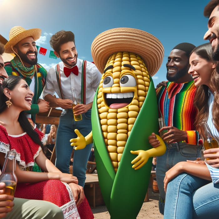 Lively Corn Cob in Mexican Attire with Diverse Friends