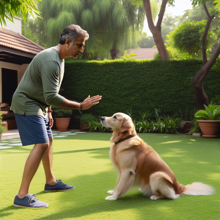Golden Retriever Training: Man Commands Dog to Sit Outdoors