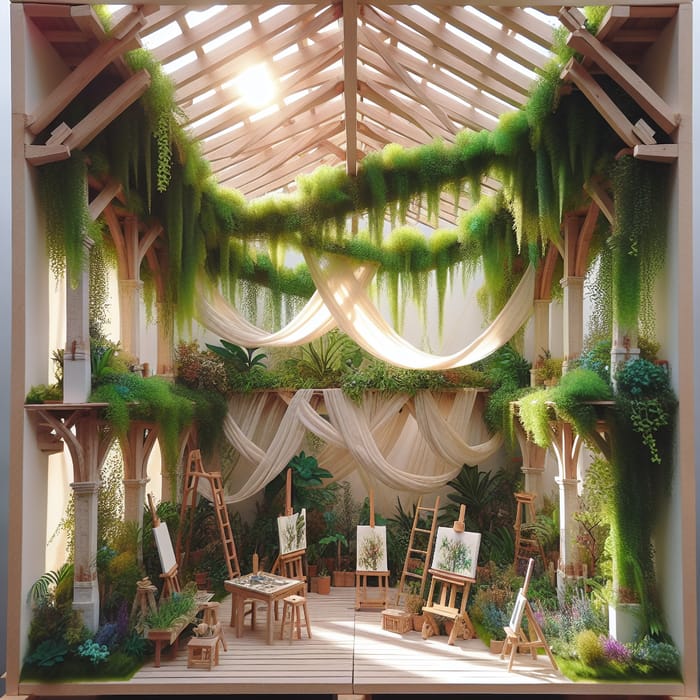 Serene Sunlit Outdoor Art Studio Diorama with Lush Plants and Wooden Beams