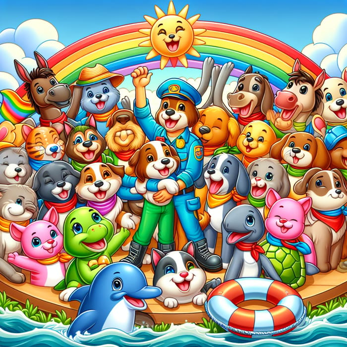 Cheerful Animal Rescue Cartoon: Dogs, Cats, Donkeys, Dolphins & Turtles Embracing