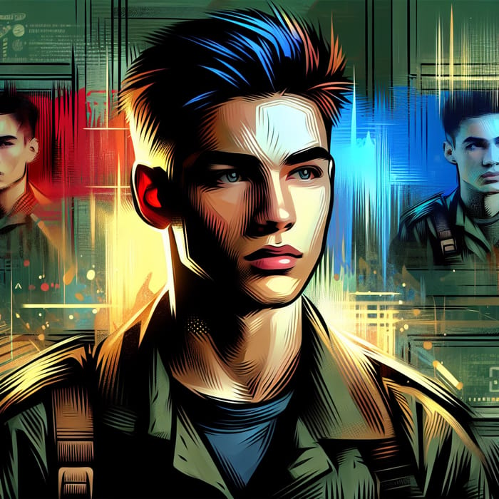Dynamic Young Man in Military Uniform: Comic Book Style Illustration