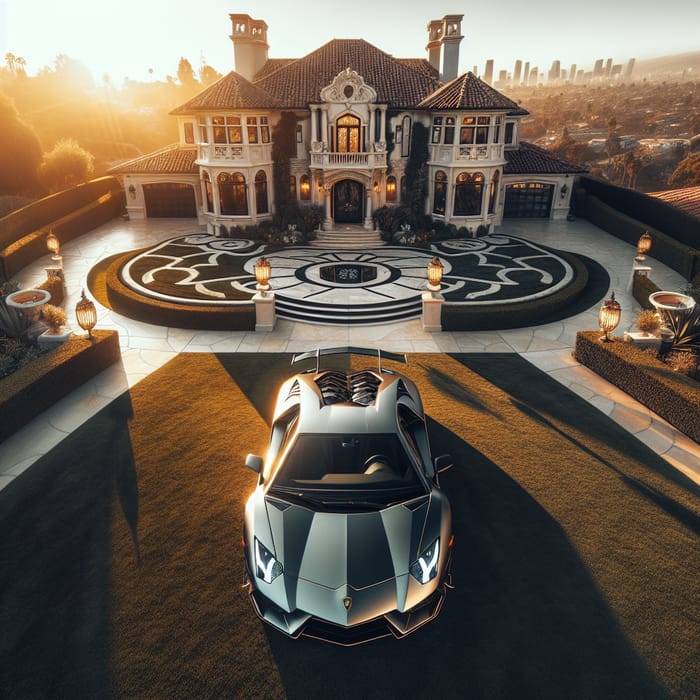 Opulent Estate with Lamborghini Aventador in Golden Hour Glory