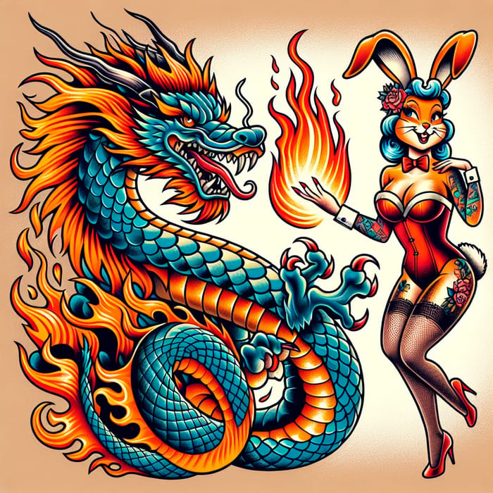 Fierce Dragon and Pinup Bunny Tattoo Design