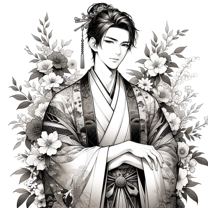 Gyutaro in Traditional Japanese Attire Amongst Blossoms