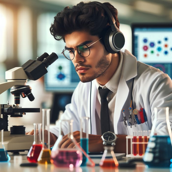 Hispanic Male Scientist Conducting Experiment with Headphones in Laboratory