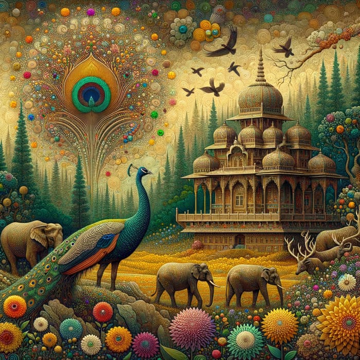 Divine Grace: An Abstract Representation of South Asian Temple and Wildlife Harmony
