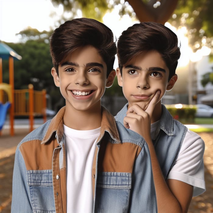 Young Hispanic Boy with Two Unique Expressions in Beautiful Park Setting