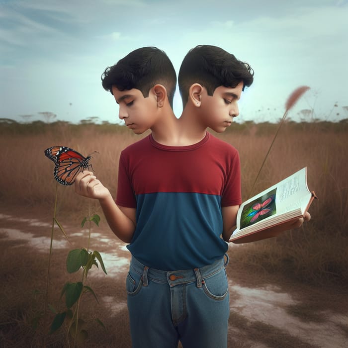 Two-Headed Boy in Open Field Observing Butterfly and Reading Book