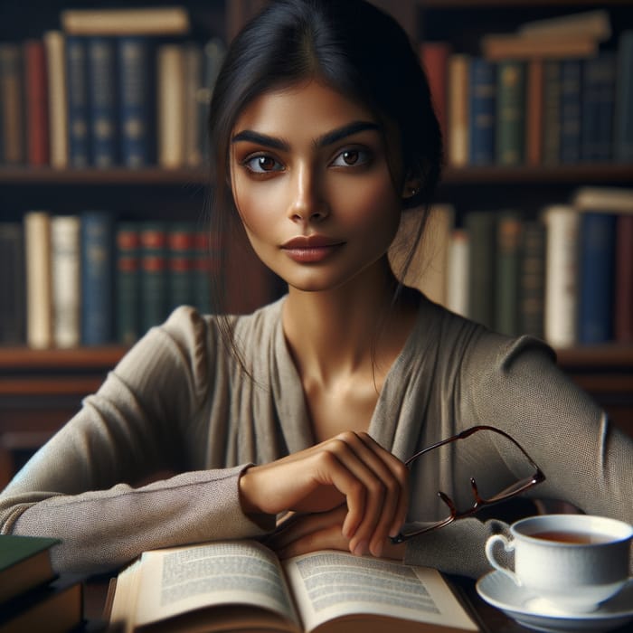 Intelligent Woman in Study Room with Books