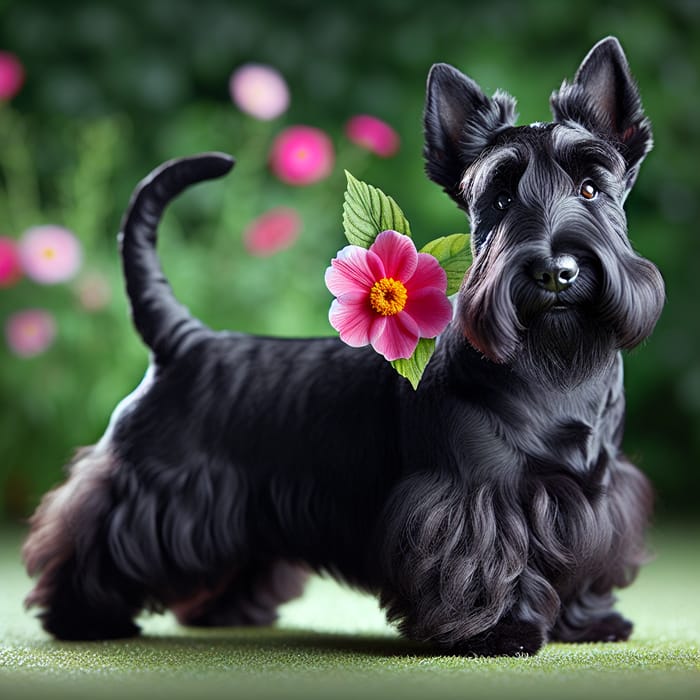 Adorable Scottish Terrier Holding Flower in Lush Garden