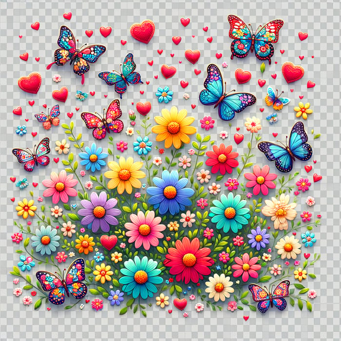 Vibrant Flowers, Colorful Butterflies & Red Hearts