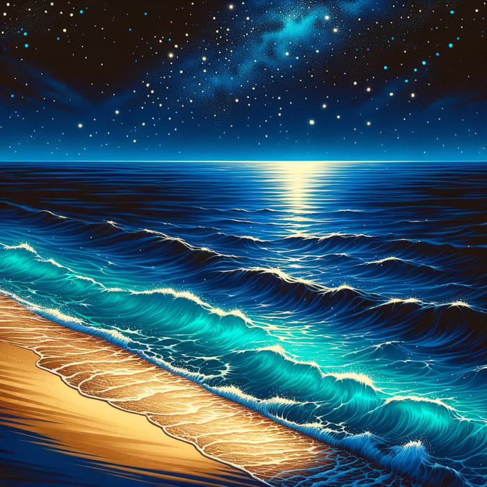 Tranquil Night Seascape with Moonlit Waters | Beach and Starry Sky