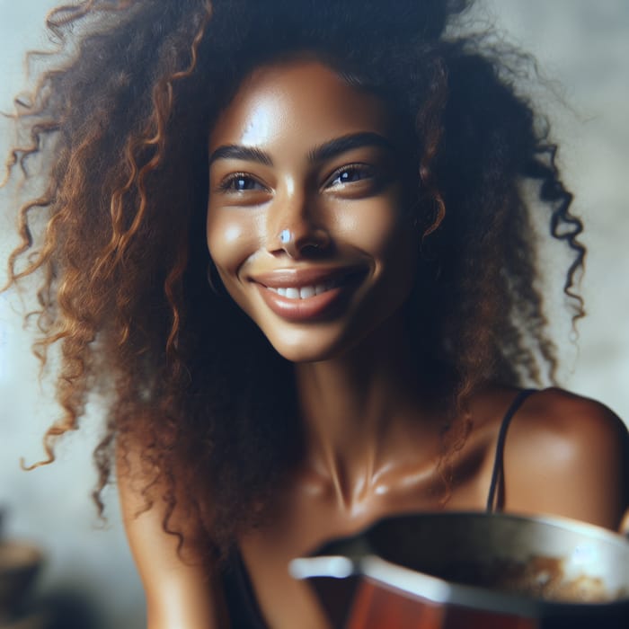 Ethiopian Woman Brewing Coffee: Smiling with Curly Hair
