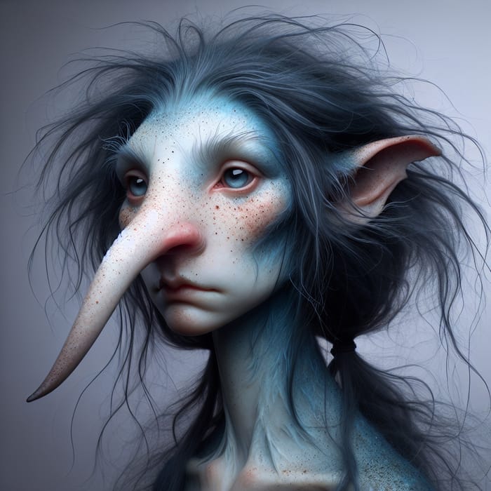 Fantastical Female Creature with Blue Skin, Hairy Nose, and Four Legs