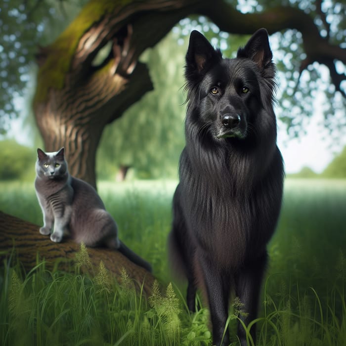 Black German Shepherd and Russian Blue Cat
