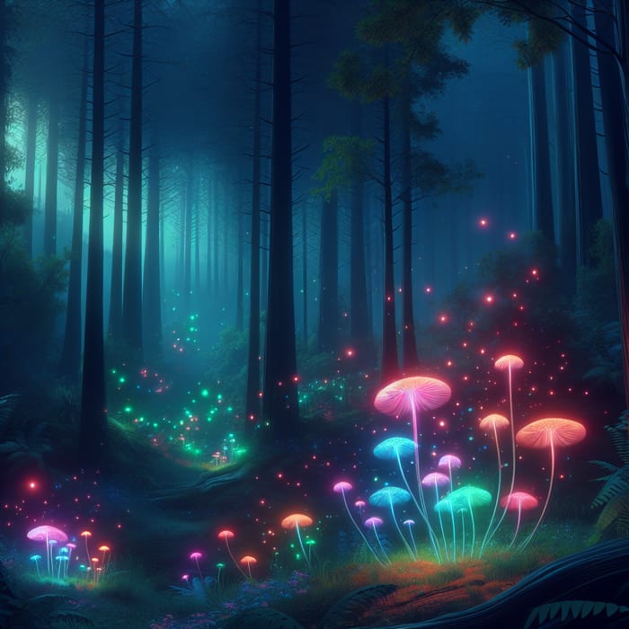 Ethereal Neon Mushroom Forest - Dreamlike Digital Painting