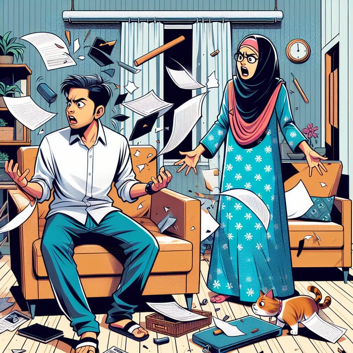Chaotic Scene: South Asian Husband Scolded by Middle-Eastern Wife