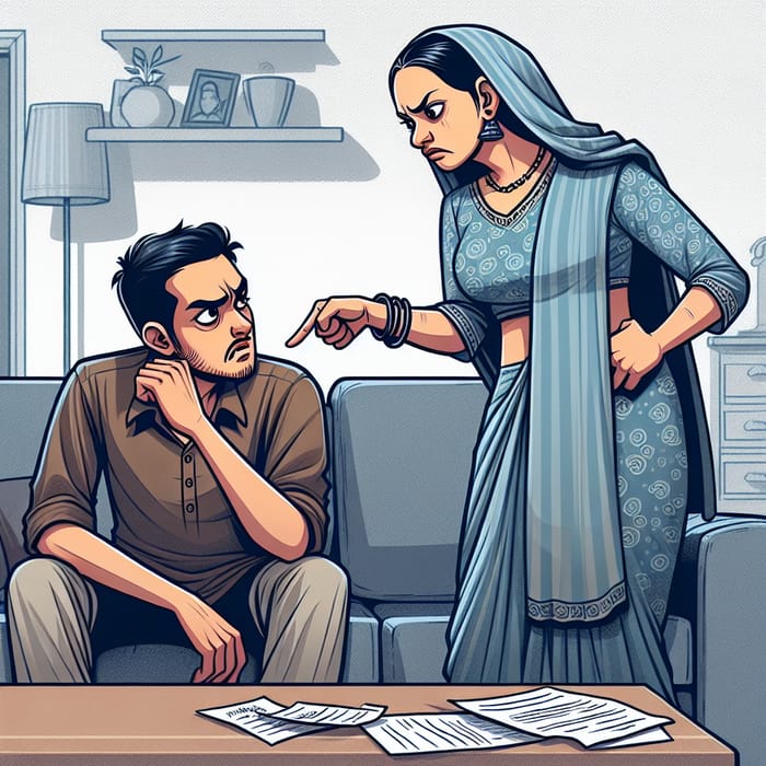 Illustration: Husband Scolded by Wife for Failing Financial Duties
