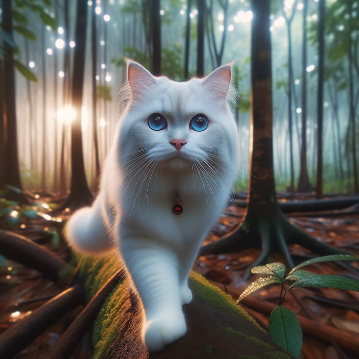 White Cat with Blue Eyes Strolling in the Forest