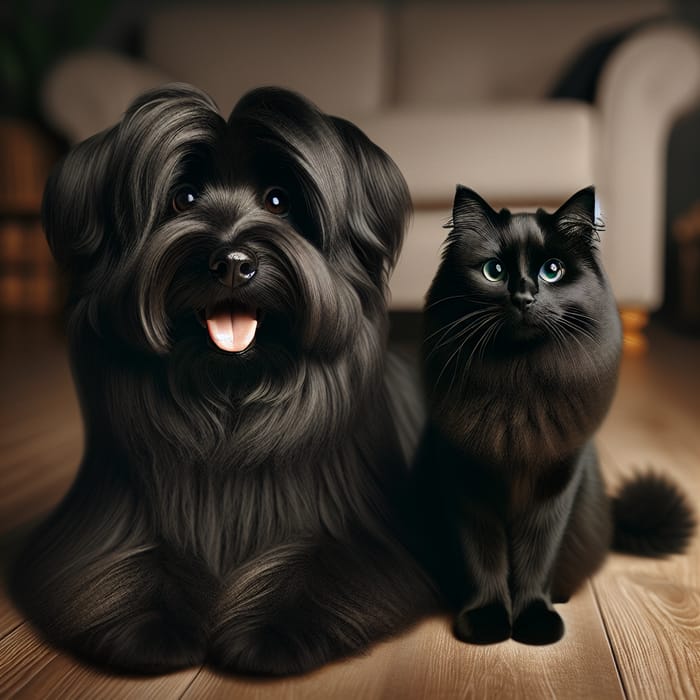 Black Fluffy Dog and Sleek Cat in Cozy Living Room