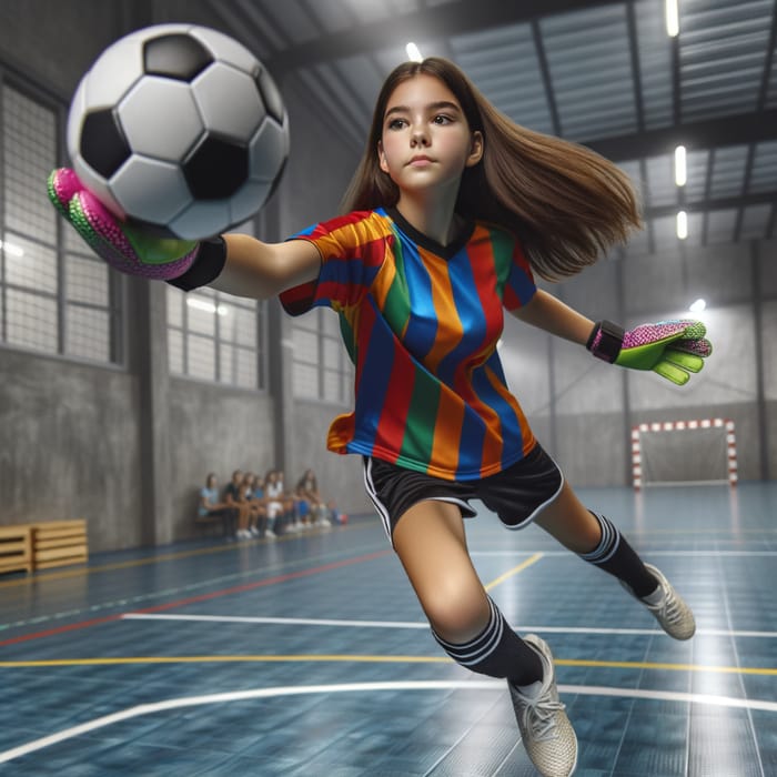Hispanic Teenage Girl Blocks Soccer Shot in Colorful Futsal Uniform