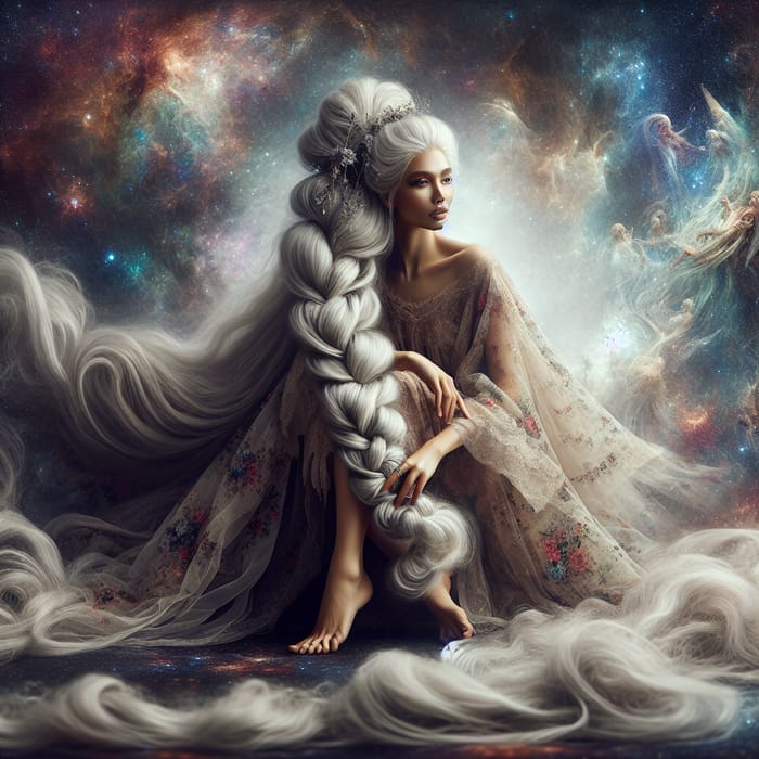 Beautiful White-Haired Woman in Ethereal Attire, Cosmos Background