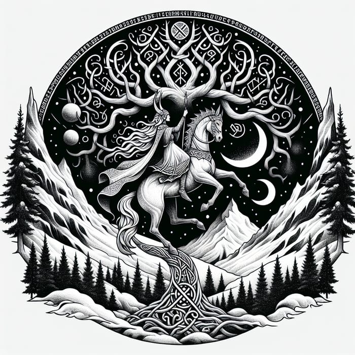 Norse Mythology Tattoo Design with Valkyrie and Yggdrasil