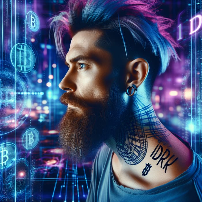 Cryptocurrency Enthusiast: Cyberpunk Bearded Man with DDRU1D Neck Tattoo