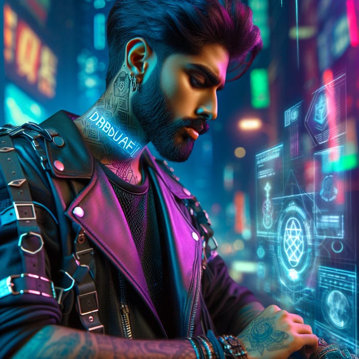 Bearded Man with DDRU1D Tattoo in Cyberpunk Style, Cryptocurrency Trader