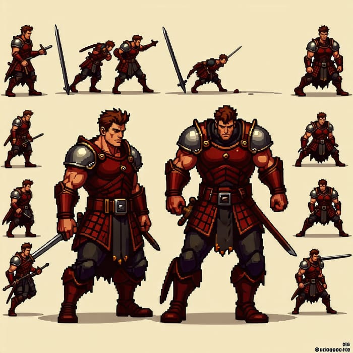 Pixel Art Design of Caucasian Male Warrior Character for Top-Down Game