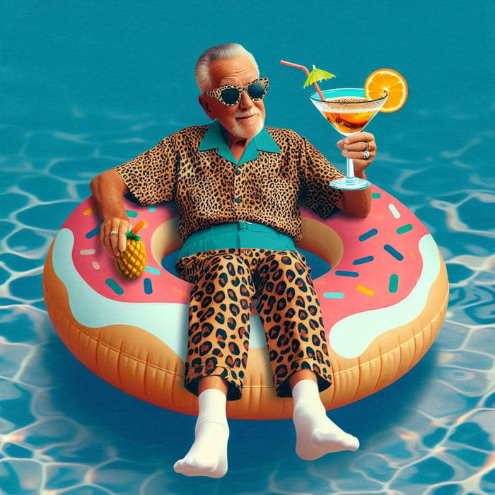 Grandfather Relaxing in Leopard Print Swim Trunks on Pool Donut