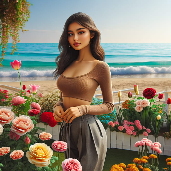 Curvy South Asian Woman in Blooming Garden by the Sea