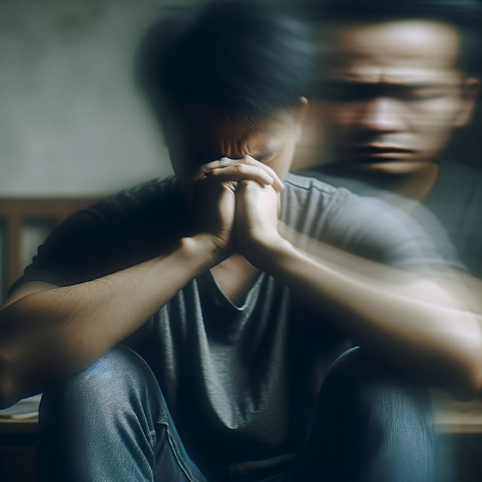 Portrait of Despair: Depressed Asian Man in Emotional Blur