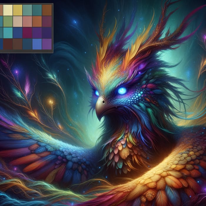 Majestic Mystical Creature: Vibrant Feathers, Glowing Eyes