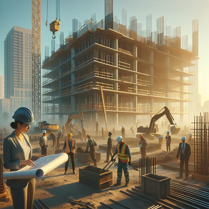 Dynamic Construction Scene: Diverse Workers in Morning Light