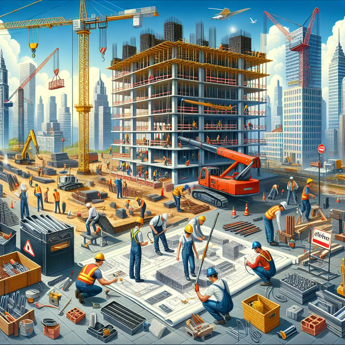 Colorful Building Construction Poster with Diverse Workers