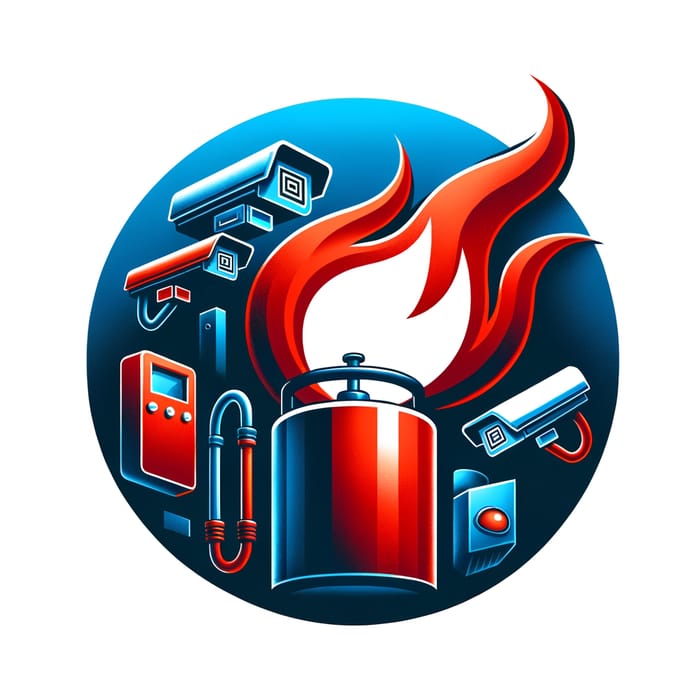 Realistic and Lively Blue and Red Logo with Flame, Fuel Tanks, and Surveillance
