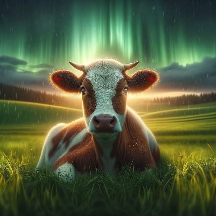 Tranquil Cow in Rain on a Green Pastures Landscape