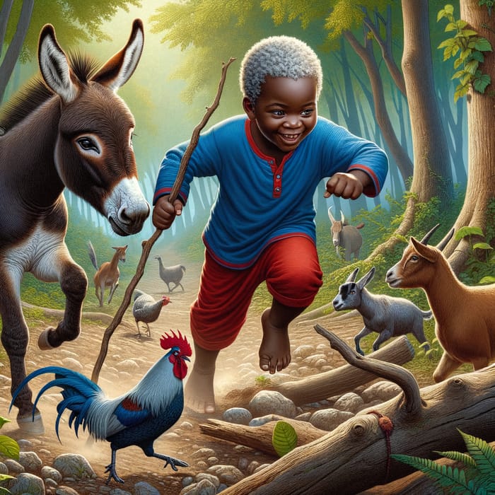 Detailed Haitian Child Playing in Woods with Donkey, Goat, and Rooster