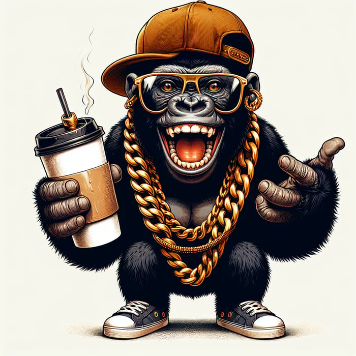 Hip Hop Gorilla Smiling with Coffee - The Cool Urban Vibes