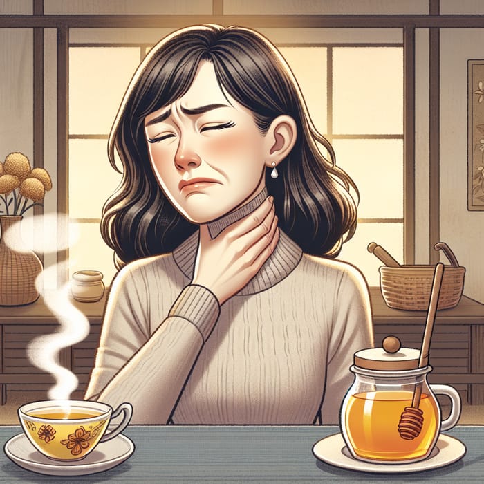 Soothing Herbal Tea for Sore Throat Relief - East Asian Woman Illustration