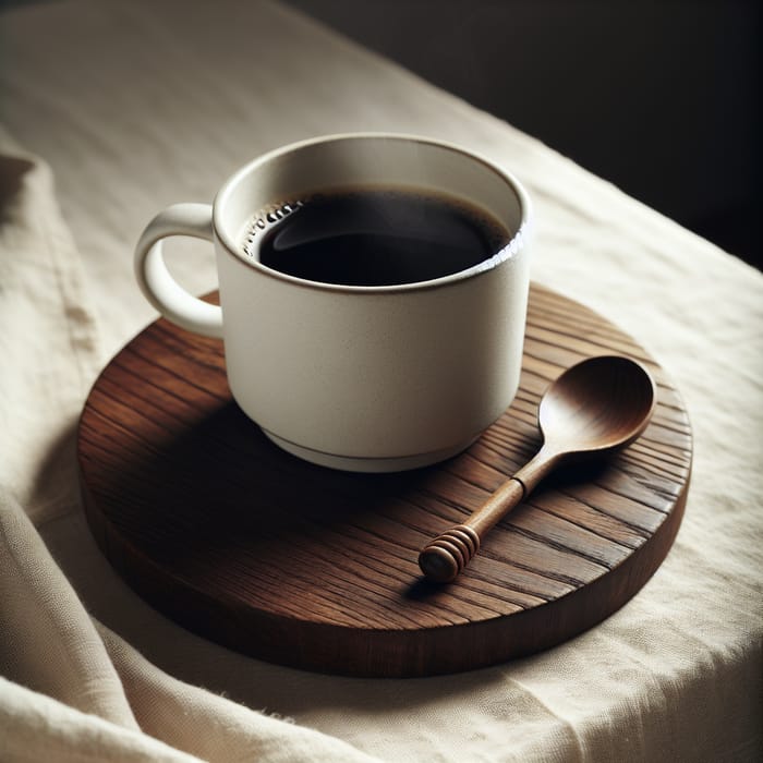 Elegant White Ceramic Coffee Cup on Wooden Coaster