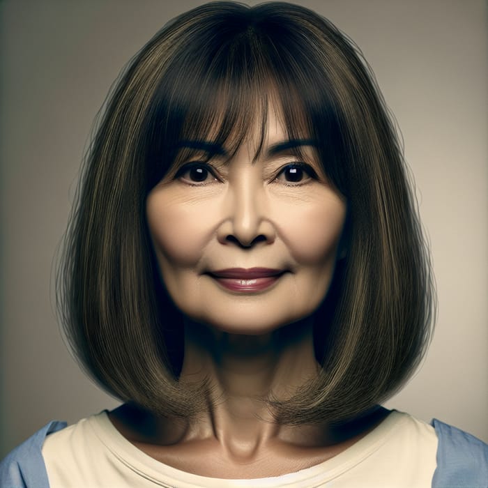 Middle Aged Asian Woman with Wide Face and Long Bob Haircut