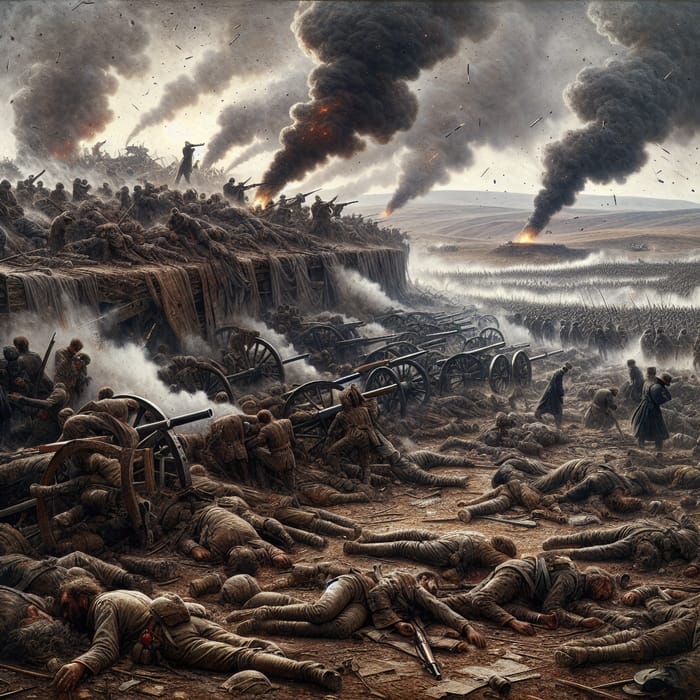 Chaotic Crimean War Battlefield - Fallen Soldiers, Cannon Blasts, Smoke - Historical Scene