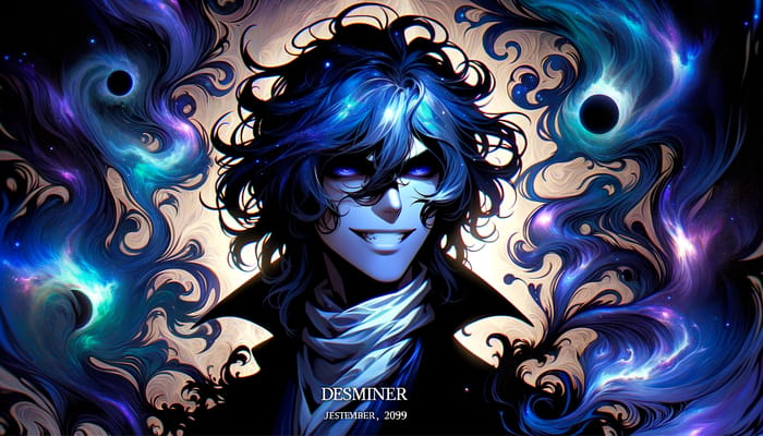 Galactic Anti-Hero with Blue Purple Hair and Sadistic Smile