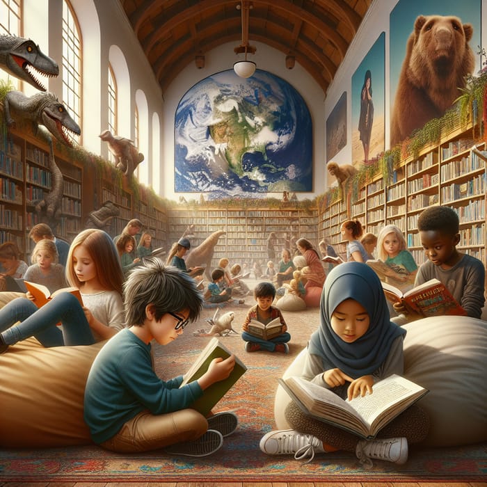 Scenic Library: Kids of Various Cultures Engrossed in Books