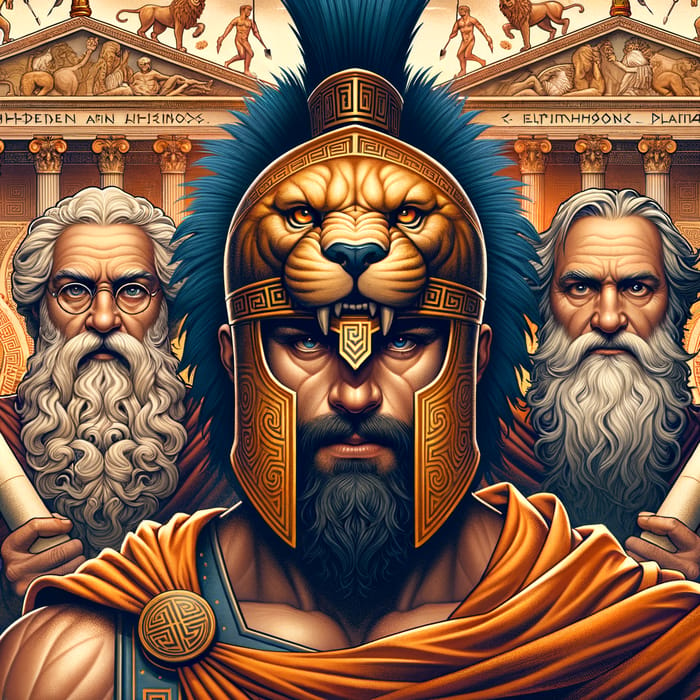 Ajax Warrior with Lion Helmet and Plato Aristotle in Greek Mythology