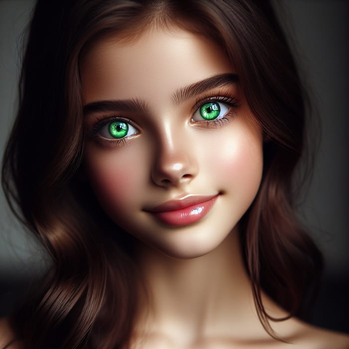 Enchanting Green-Eyed Beauty | Youthful Portrait with Glossy Brunette Hair