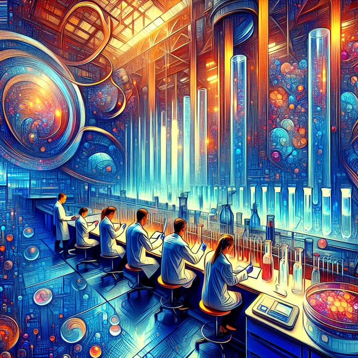 Futuristic Drug Discovery Workflow with Diverse Scientists in Vibrant Laboratory
